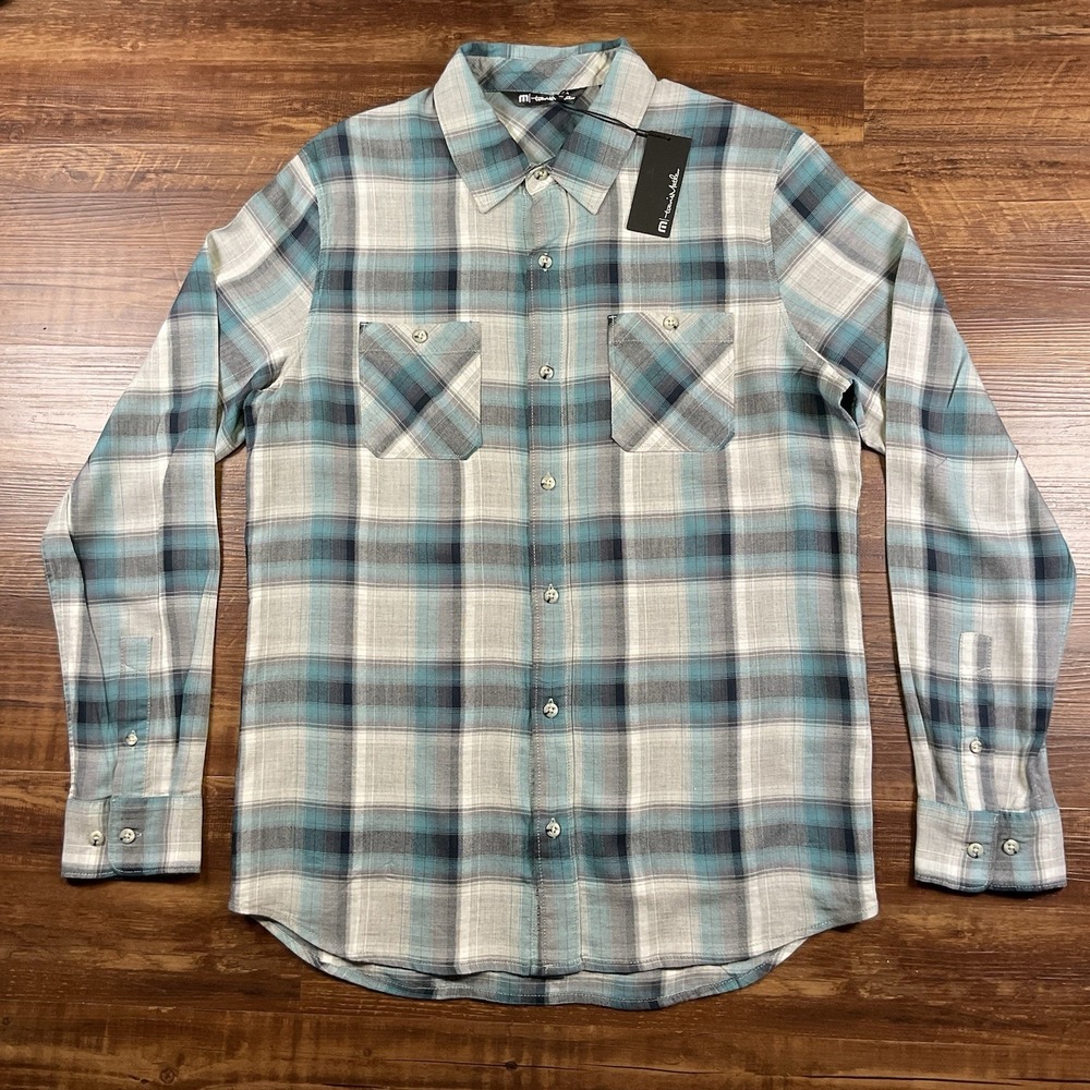 Travis Mathew Take It Easy Shirt Mens M Blue Gray Plaid Rayon Cotton Pockets NWT
